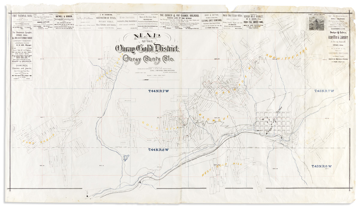 (COLORADO -- GOLD MINING.) Wheeler, Hurlburt, F.L. Biddlecom, and W.A. Sherman, Civil and Mining Engineers. Map of the Ouray